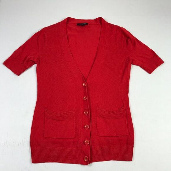 Banana Republic Womens Cardigan Red Button Sweater Short Sleeve Size PS Petites - Picture 1 of 11